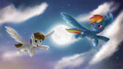 Size: 900x506 | Tagged: safe, artist:br0ny, character:rainbow dash, oc, oc:apollo heart, species:pegasus, species:pony, backwards cutie mark, cloud, cloudy, commission, flying, moon, stars