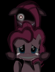 Size: 900x1172 | Tagged: safe, artist:usagifriday, character:pinkamena diane pie, character:pinkie pie, species:earth pony, species:pony, black background, creepy, crying, duality, female, grin, mare, simple background, smiling, solo