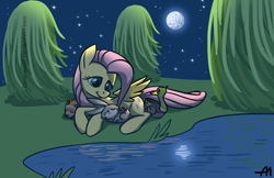 Size: 1024x664 | Tagged: safe, artist:bananimationofficial, character:fluttershy, species:duck, species:mallard, species:pegasus, species:pony, species:rabbit, cute, female, full moon, lake, male, mare, moon, night, peaceful, sleeping, stars, tree