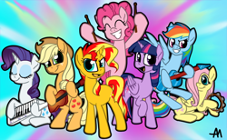 Size: 1024x632 | Tagged: safe, artist:bananimationofficial, character:applejack, character:fluttershy, character:pinkie pie, character:rainbow dash, character:rarity, character:sunset shimmer, character:twilight sparkle, character:twilight sparkle (alicorn), species:alicorn, alternate mane seven, band, drumsticks, guitar, jam session, keyboard, keytar, mane six, musical instrument, tambourine