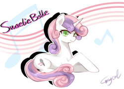 Size: 1500x1080 | Tagged: safe, artist:r-1629, character:sweetie belle, species:pony, species:unicorn, alternate cutie mark, cute, diasweetes, female, mare, music notes, older, older sweetie belle, pixiv, prone, solo