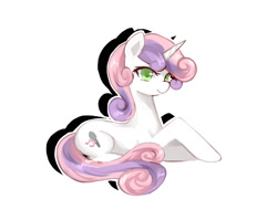 Size: 1500x1080 | Tagged: dead source, safe, artist:r-1629, character:sweetie belle, species:pony, species:unicorn, alternate cutie mark, colored pupils, cute, diasweetes, female, mare, older, older sweetie belle, pixiv, prone, simple background, solo, white background