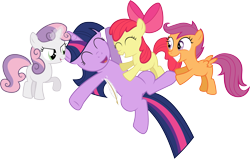 Size: 2778x1764 | Tagged: dead source, safe, artist:nickman983, character:apple bloom, character:scootaloo, character:sweetie belle, character:twilight sparkle, cutie mark crusaders, feather, hoof tickling, tickling