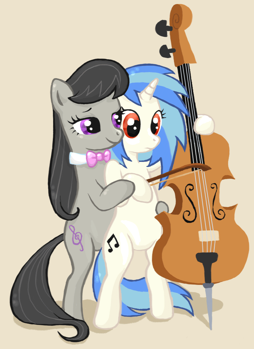 Size: 831x1143 | Tagged: safe, artist:elenaboosy, character:dj pon-3, character:octavia melody, character:vinyl scratch, species:pony, ship:scratchtavia, animated, bipedal, cello, cute, female, lesbian, musical instrument, shipping, tavibetes, vinylbetes