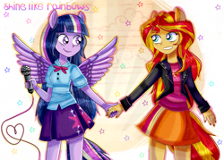 Size: 1512x1080 | Tagged: safe, artist:lelka-philka, character:sunset shimmer, character:twilight sparkle, ship:sunsetsparkle, equestria girls:rainbow rocks, g4, my little pony: equestria girls, my little pony:equestria girls, female, lesbian, ponied up, shipping
