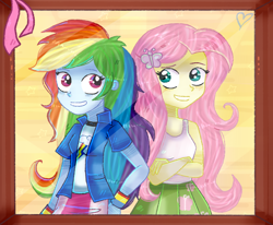 Size: 1224x1008 | Tagged: safe, artist:lelka-philka, character:fluttershy, character:rainbow dash, ship:flutterdash, my little pony:equestria girls, clothing, female, lesbian, shipping, skirt, tank top