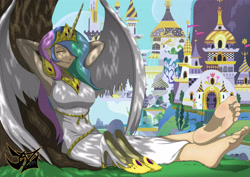 Size: 4961x3508 | Tagged: safe, artist:dazidentevil, character:princess celestia, species:human, armpits, barefoot, breasts, busty princess celestia, canterlot, feet, female, foot fetish, grass, high heels, horned humanization, humanized, nail polish, relaxing, shoes, shoes removed, sleeping, soles, solo, toenail polish, toes, winged humanization