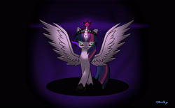 Size: 3485x2155 | Tagged: safe, artist:djmoonray, character:twilight sparkle, character:twilight sparkle (alicorn), species:alicorn, species:pony, commission, corrupted, corrupted twilight sparkle, crown, dark magic, female, green eyes, magic, mare, signature, solo, sombra eyes, spread wings, wings