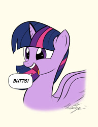 Size: 927x1200 | Tagged: safe, artist:boxedsurprise, character:twilight sparkle, character:twilight sparkle (alicorn), species:alicorn, species:pony, :d, butts, cute, dialogue, female, happy, mare, one word, open mouth, simple background, smiling, solo, speech bubble, spread wings, swanlight sparkle, white background, wings