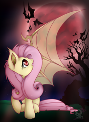 Size: 1700x2338 | Tagged: safe, artist:bloody-pink, character:flutterbat, character:fluttershy, species:bat, species:bat pony, blood moon, female, moon, solo