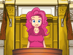 Size: 256x192 | Tagged: safe, artist:auraion, artist:megasweet, character:pinkie pie, ace attorney, animated, female, humanized, parody, phoenix wright, pixel art, sprite, the trials of friendship