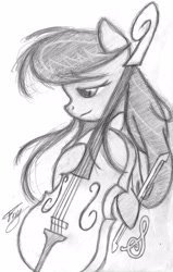 Size: 2047x3220 | Tagged: dead source, safe, artist:bronyfang, character:octavia melody, species:earth pony, species:pony, bipedal, cello, female, grayscale, high res, mare, monochrome, musical instrument, sketch, solo, traditional art