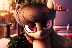Size: 1366x900 | Tagged: safe, artist:chryseum, character:octavia melody, species:pony, beautiful, chair, cobblestone street, column, detailed, female, flower, lamppost, looking at you, mare, sett street, smiling, solo, table, technically advanced, tree, umbrella