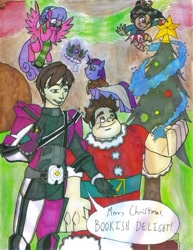 Size: 633x819 | Tagged: safe, artist:gojira007, character:clover the clever, character:twilight sparkle, oc, oc:bookish delight, species:elf, christmas, christmas tree, clothing, costume, crossover, hat, kamen rider, merry christmas, santa costume, santa hat, scarf, traditional art, tree, vanellope von schweetz, wreck-it ralph