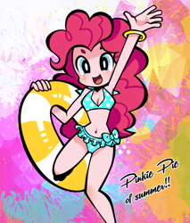 Size: 500x587 | Tagged: safe, artist:rikuta, character:pinkie pie, my little pony:equestria girls, armpits, attached skirt, belly button, bikini, blue swimsuit, cleavage, clothing, cute, female, frilled swimsuit, polka dot swimsuit, side-tie bikini, solo, swimsuit