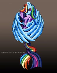 Size: 2366x3041 | Tagged: safe, artist:nyuuchandiannepie, character:rainbow dash, character:twilight sparkle, species:pegasus, species:pony, species:unicorn, ship:twidash, cute, feather, female, gradient background, high res, hug, intertwined tails, lesbian, mare, shipping, winghug, wings