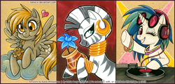 Size: 1036x500 | Tagged: safe, artist:patchwerk-kw, character:derpy hooves, character:dj pon-3, character:vinyl scratch, character:zecora, species:pegasus, species:pony, species:zebra, cloud, female, happy, headphones, mare, muffin, party, poison joke, smiling, turntable, wallpaper, wink