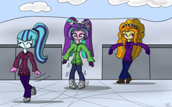 Size: 1282x800 | Tagged: safe, artist:sketchydesign78, character:adagio dazzle, character:aria blaze, character:sonata dusk, my little pony:equestria girls, ice skating, shaking, the dazzlings, winter