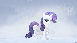 Size: 1920x1080 | Tagged: safe, artist:jave-the-13, artist:shelltoon, character:rarity, clothing, pose, saddle bag, scarf, snow, snowfall, vector, wallpaper