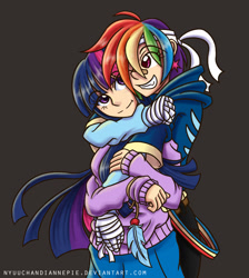 Size: 1668x1865 | Tagged: safe, artist:nyuuchandiannepie, character:rainbow dash, character:twilight sparkle, species:human, ship:twidash, bandage, cute, feather, female, gradient background, hand wraps, hug, hug from behind, humanized, lesbian, shipping, simple background