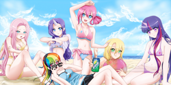 Size: 3200x1598 | Tagged: safe, artist:srtagiuu, character:applejack, character:fluttershy, character:pinkie pie, character:rainbow dash, character:rarity, character:twilight sparkle, species:human, absolute cleavage, adorasexy, armpits, beach, beach ball, belly button, bicolor swimsuit, bikini, blue swimsuit, blushing, breasts, cleavage, clothing, colored pupils, covering, cute, cutie mark swimsuit, dashabetes, diapinkes, embarrassed, eye clipping through hair, female, frilled swimsuit, horned humanization, humanized, jackabetes, looking at you, mane six, midriff, nail polish, orange swimsuit, pink swimsuit, product placement, purple swimsuit, raribetes, see-through, sexy, shirt lift, shyabetes, side-tie bikini, sprite (brand), string bikini, sunglasses, swimsuit, twiabetes, white swimsuit, winged humanization, yellow swimsuit
