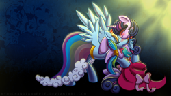 Size: 1920x1080 | Tagged: safe, artist:nyuuchandiannepie, character:rainbow dash, character:twilight sparkle, species:pegasus, species:pony, species:unicorn, ship:twidash, abstract background, alternate hairstyle, blushing, clothing, cute, dress, eyes closed, feather, female, hug, lesbian, mare, royal wedding, shipping, wallpaper