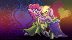 Size: 1920x1080 | Tagged: safe, artist:nyuuchandiannepie, character:fluttershy, character:pinkie pie, species:earth pony, species:pegasus, species:pony, ship:flutterpie, abstract background, blushing, clothing, cute, dancing, dress, female, heart, hug, lesbian, mare, royal wedding, shipping, wallpaper