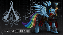 Size: 1920x1080 | Tagged: safe, artist:nyuuchandiannepie, character:rainbow dash, species:pegasus, species:pony, abstract background, assassin's creed, clothing, crossover, female, mare, solo, video game, wallpaper