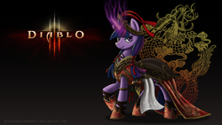 Size: 1920x1080 | Tagged: safe, artist:nyuuchandiannepie, character:twilight sparkle, species:pony, species:unicorn, abstract background, clothing, crossover, diablo 3, dress, female, magic, mare, solo, video game, wallpaper, wizard