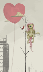 Size: 1200x2000 | Tagged: safe, artist:rubi-era, character:fluttershy, species:bird, bare tree, creepy, heart, ladder, no more ponies at source, sitting, sitting in a tree, symbolism, tree, tree branch