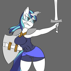 Size: 1012x1024 | Tagged: safe, artist:mrironmustang, character:shining armor, species:anthro, armpits, breasts, busty gleaming shield, female, gleaming shield, rule 63, shield, simple background, solo, sword