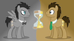 Size: 1280x720 | Tagged: safe, artist:theevilflashanimator, character:doctor whooves, character:time turner, species:earth pony, species:pegasus, species:pony, ask, ask discorded whooves, bow tie, discord whooves, discorded, discorded whooves, dual persona, duo, male, necktie, ponidox, self ponidox, stallion, wallpaper
