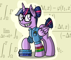 Size: 1246x1045 | Tagged: safe, artist:kleineluhnar, character:twilight sparkle, character:twilight sparkle (alicorn), species:alicorn, species:pony, acne, adorkable, alternate hairstyle, bracelet, braces, calculus, clothing, cute, dork, female, glasses, grin, mare, math, nerd, raised hoof, science, shirt, smiling, solo, that pony sure does love science