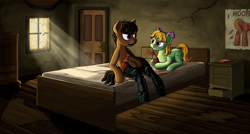 Size: 3663x1958 | Tagged: safe, artist:nukechaser, oc, oc only, oc:anon 69, oc:diced cut, /mlp/, fallout equestria, /foe/, amputee, bed, cyborg, fallout, poster, sparkle cola, table, window
