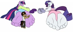 Size: 1280x572 | Tagged: safe, artist:silverscarf, character:rarity, character:twilight sparkle, oc, species:anthro, species:plantigrade anthro, barefoot, feet, foot fetish, foot focus, giant anthro, looking back, macro, massage, micro, sandals