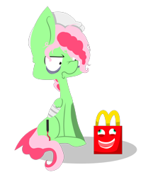 Size: 3061x3540 | Tagged: safe, artist:lizziepotatopad, oc, oc only, oc:lizzie, abomination, god is dead, happy (mcdonald's), happy (mcdonalds), looking at you, mcdonald's, smiling, staring into your soul, wat