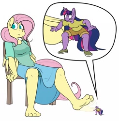 Size: 1261x1280 | Tagged: safe, artist:silverscarf, character:fluttershy, character:twilight sparkle, species:anthro, species:plantigrade anthro, species:pony, barefoot, feet, female, foot fetish, foot tapping, giant anthro, giant pony, giantess, giantshy, macro, macro/micro, micro, tapping, unaware