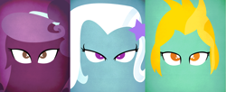 Size: 2642x1080 | Tagged: safe, artist:alexandru1208, character:lightning dust, character:suri polomare, character:trixie, my little pony:equestria girls, female, looking at you, minimalist, vector, wallpaper