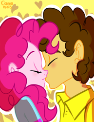Size: 500x647 | Tagged: safe, artist:carranzis, character:cheese sandwich, character:pinkie pie, ship:cheesepie, my little pony:equestria girls, blushing, equestria girls-ified, female, humanized, kissing, male, shipping, straight