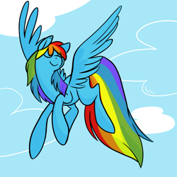 Size: 900x900 | Tagged: safe, artist:chop4, character:rainbow dash, species:pegasus, species:pony, eyes closed, female, flying, mare, smiling, solo, spread wings, wings