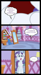 Size: 667x1198 | Tagged: safe, artist:bigsnusnu, character:rarity, oc, oc:falsity, species:human, species:pony, species:unicorn, a rare-rarity day, comic, drama queen, female, first person view, human in equestria, human to pony, mirror, oh crap, panic, ponified, pov, reflection, rule 63, running, shocked, solo, transformation, transgender transformation, uh oh, vector