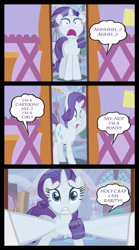 Size: 667x1198 | Tagged: safe, artist:bigsnusnu, character:rarity, oc, oc:falsity, species:human, species:pony, species:unicorn, a rare-rarity day, comic, drama queen, female, first person view, human in equestria, human to pony, mirror, panic, ponified, pov, reflection, rule 63, screaming, shocked, solo, transformation, transgender transformation, vector