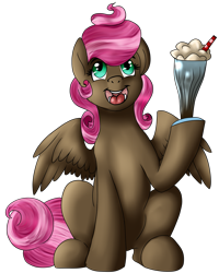 Size: 1221x1525 | Tagged: safe, artist:baffleddingo, oc, oc only, oc:sweet treat, species:pegasus, species:pony, commission, cute, happy, hoof hold, looking up, milkshake, open mouth, simple background, smiling, solo, transparent background