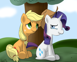 Size: 1250x1000 | Tagged: safe, artist:terra-aquis, character:applejack, character:rarity, species:earth pony, species:pony, species:unicorn, ship:rarijack, accessory swap, clothing, crying, female, hat, laughing, lesbian, lip bite, mare, shipping, sitting, tears of joy, tree