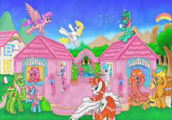 Size: 3033x2115 | Tagged: safe, artist:fameng, character:applejack (g1), character:baby cuddles, character:cherries jubilee, character:cupcake (g1), character:fizzy, character:galaxy (g1), character:mimic (g1), character:paradise, character:surf rider, character:surprise, character:sweet stuff, species:sea pony, g1, both cutie marks, bubble, flying, g1 to g4, generation leap, golden horseshoes, high res, north star, paradise estate, rainbow, sea shimmer, sweat, traditional art