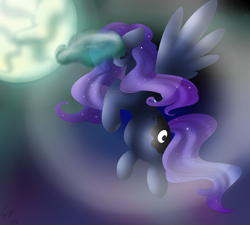 Size: 3000x2700 | Tagged: safe, artist:girorogirl, character:princess luna, species:alicorn, species:pony, eyes closed, female, flying, moon, solo