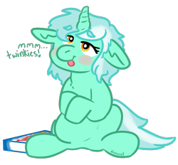 Size: 1131x1049 | Tagged: safe, artist:discorcl, character:lyra heartstrings, big belly, chubby, floppy ears, stuffed, twinkies