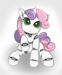 Size: 4169x5060 | Tagged: safe, artist:zaiyaki, character:sweetie belle, species:pony, species:unicorn, sweetie bot, :<, absurd resolution, cute, dawwww, diasweetes, female, filly, head tilt, looking at you, looking up, raised hoof, robot, sitting, solo