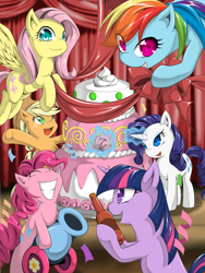 Size: 6000x8000 | Tagged: safe, artist:zaiyaki, character:applejack, character:fluttershy, character:pinkie pie, character:rainbow dash, character:rarity, character:twilight sparkle, absurd resolution, cake, mane six, party cannon