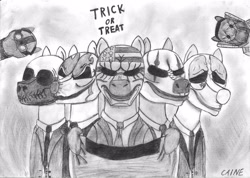 Size: 3507x2492 | Tagged: safe, artist:caine, species:wolf, bulldozer, chains, cloaker, dallas, houston, hoxton, masks, parody, payday, payday 2, ponified, traditional art, trick or treat